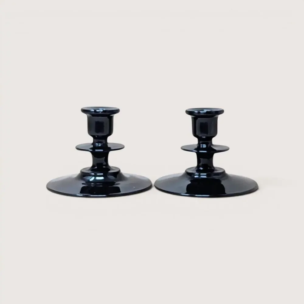 1940s Black Amethyst Glass Candle Holders Pair